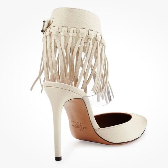 Valentino C-Rockee White Leather Illusion Fringe Ankle Wrap Heels Size EU 38.5 - Picture 6 of 15